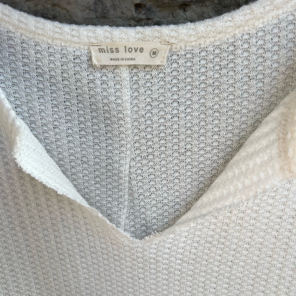 Miss Love waffle knit Vee neck distressed/raw edge long sleeve blouse. - Picture 3 of 6